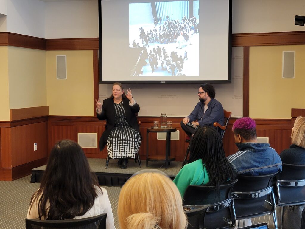 Cuban artist Tania Bruguera, a senior lecturer at Harvard speaks with Javier Lafuente and his Nieman classmates on Feb. 23, 2024.