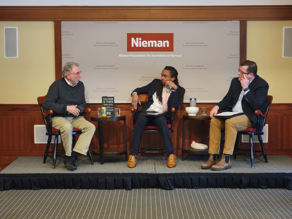 Marty Baron with Nieman Fellows Julian Benbow and Andrew Ryan on March 21, 2024