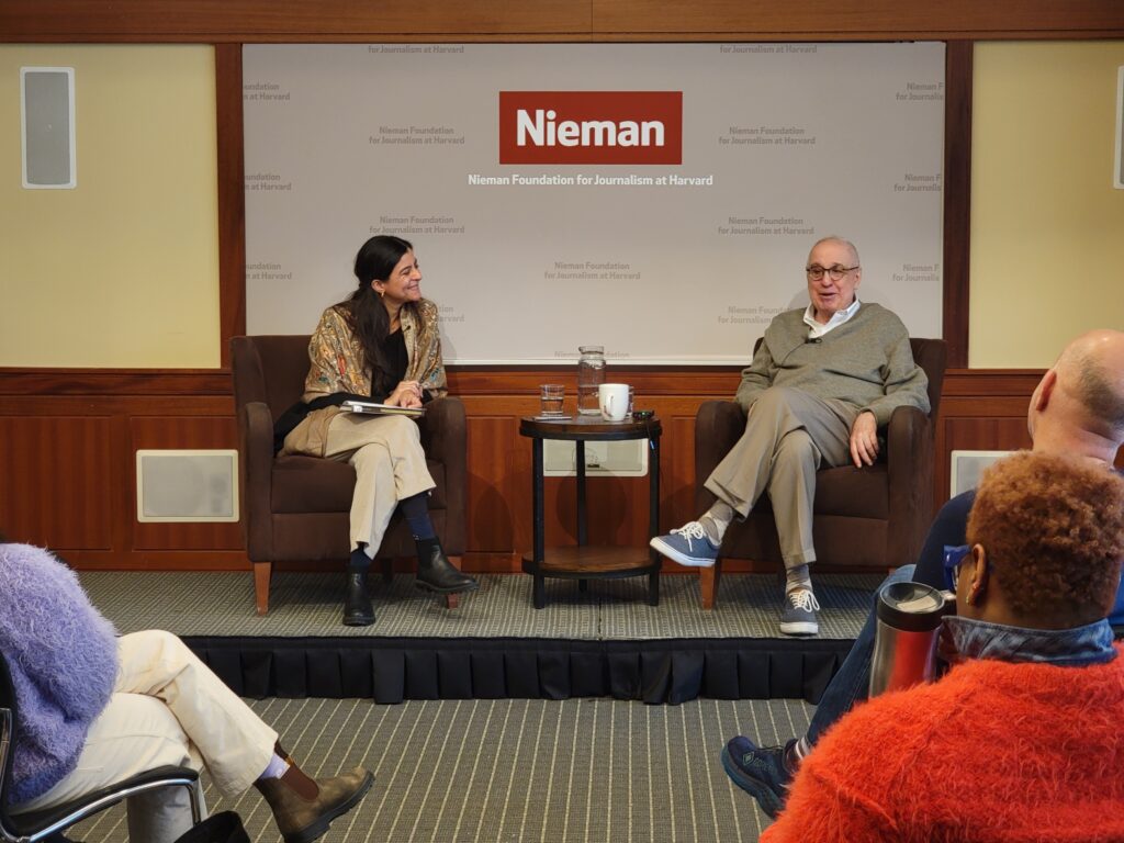 Errol Morris speaks with Andrea Patiño Contreras and her Nieman classmates at Lippmann House on April 5, 2024.