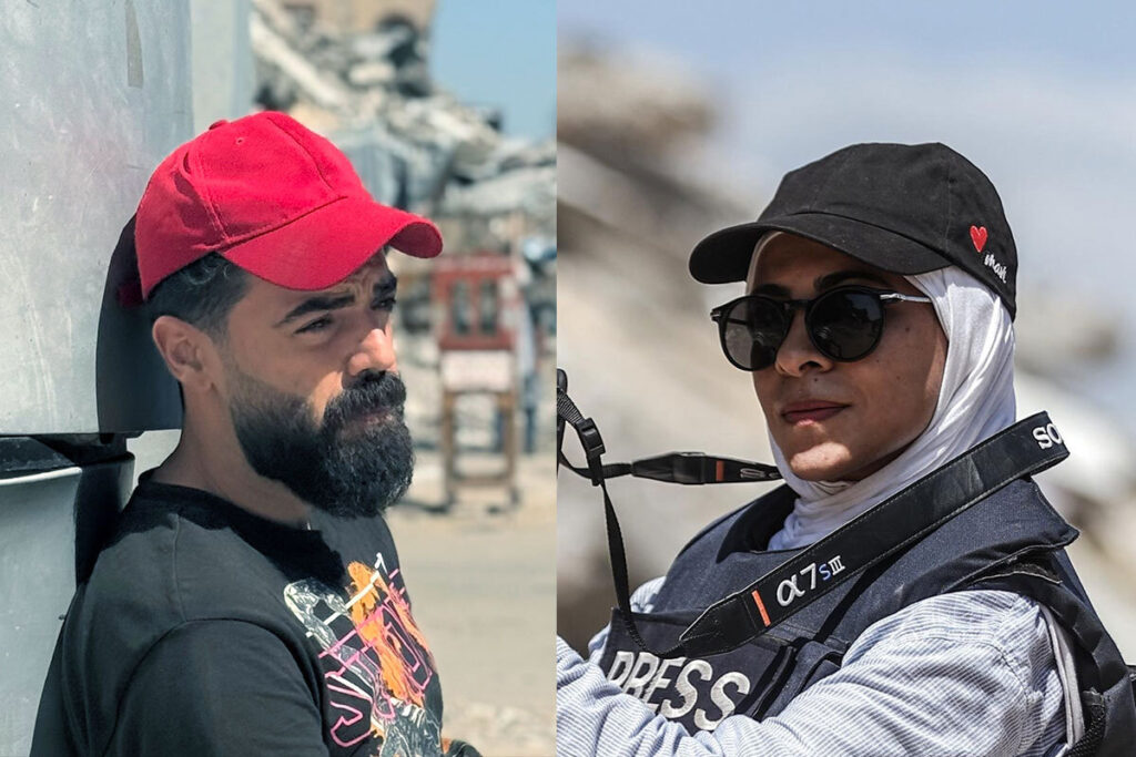 Palestinian journalists Anas Baba (left) and Shrouq Aila, winners of the 2026 Louis M. Lyons Award for Conscience and Integrity in Journalism