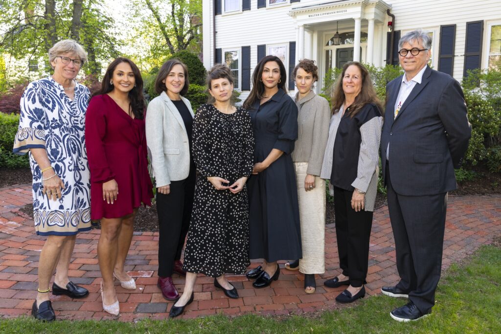 Nieman Foundation journalism award honorees on May 2, 2025. From the left: Linda Robertson, Cassandra Jaramillo, Alexandra Zayas, Stacy Kranitz, Rhana Natour, Lizzie Presser, Carol Marbin Miller, and Mark Trahant. Photo by Lisa Abitbol.