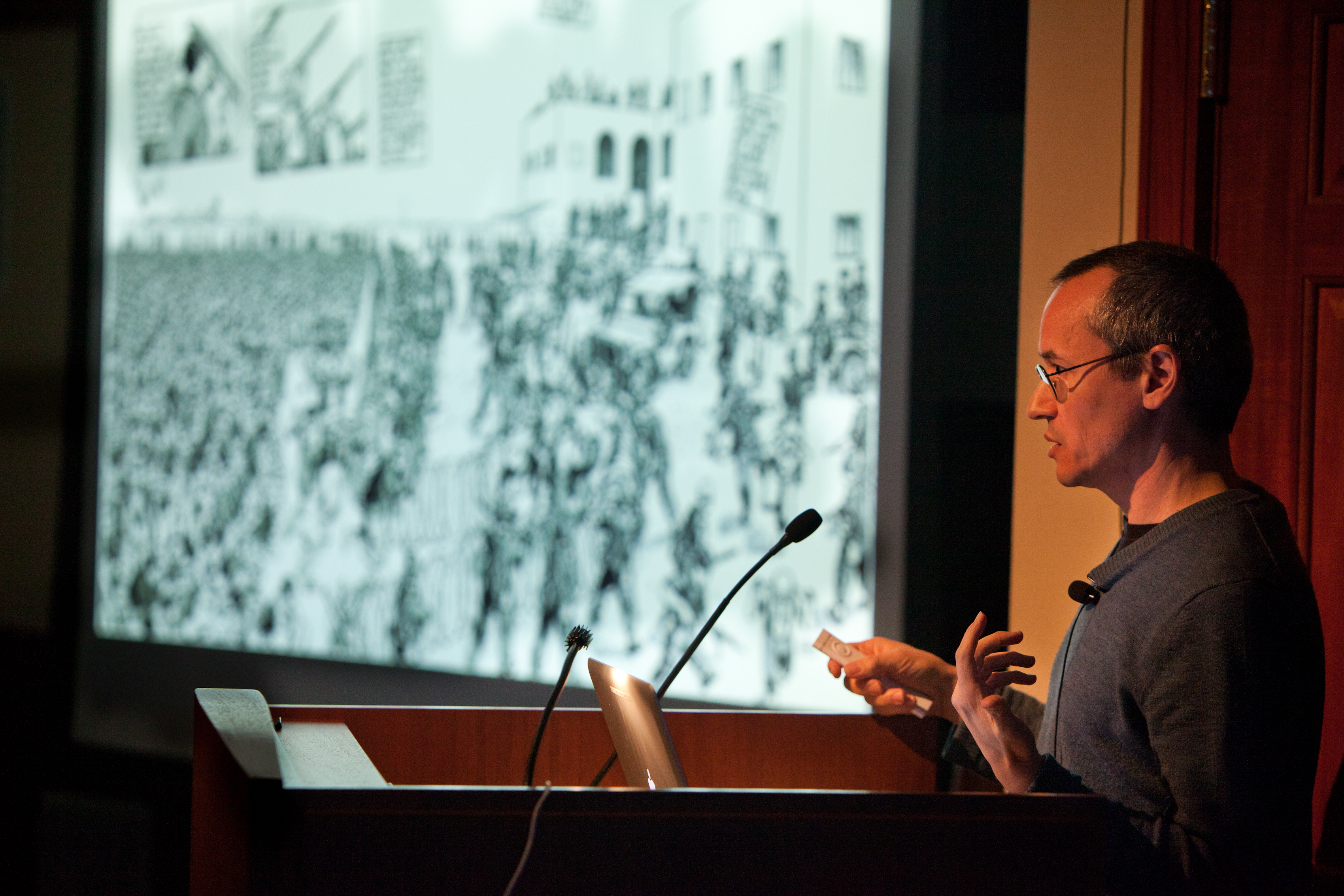 During his presentation at the Nieman Foundation, Sacco showed some of the photos he took in the Gaza Strip. <em>Photo by Lisa Abitbol.</em>