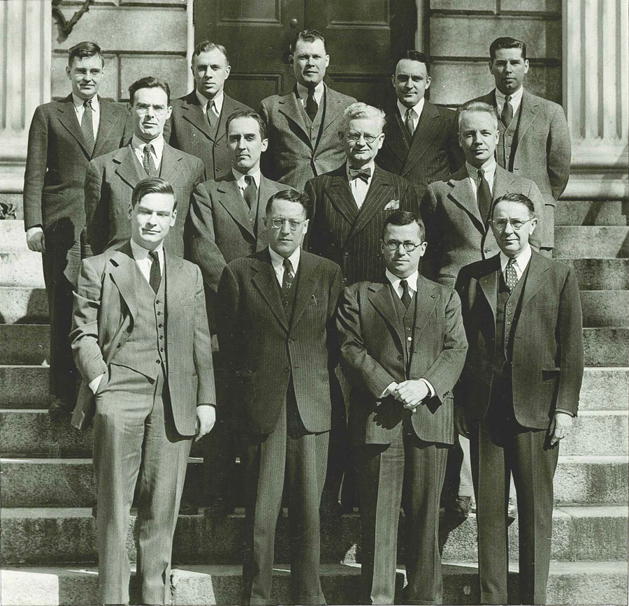 First row: Leigh White, Charles Jennings, Theodore Andrica, Paul Hughes. 
Second row: Fred Maguire, Robert Lasseter, Lawrence Fernsworth, Arthur Wild (Director of Harvard Public Relations). Third row: John Shively, Louis Lyons (Curator), Herbert Yahraes Jr., John Terry, Jacob Qualey.