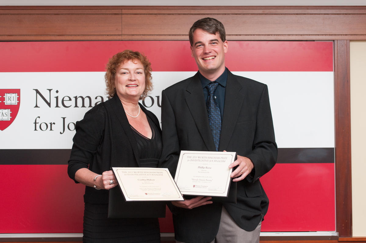Reporters Cynthia Hubert and Phillip Reese accept the 2013 Worth Bingham Prize for Investigative Journalism for The Sacramento Bee's five-part series Nevada Patient Busing. 