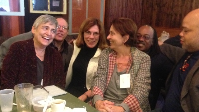 Left to right – Margot Adler with her NPR colleagues Howard Berkes, Marilyn Geewax, Sylvia Poggioli, Walter Watson and Jonathan Blakley at the Nieman Foundation’s 75th anniversary reunion in September 2013.