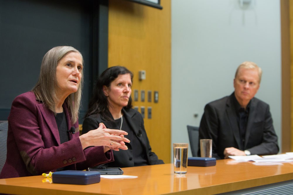 Democracy Now! host Amy Goodman, left, and documentary filmmaker Laura Poitras participate in a panel discussion moderated by Tom Ashbrook, host of NPR’s On Point.