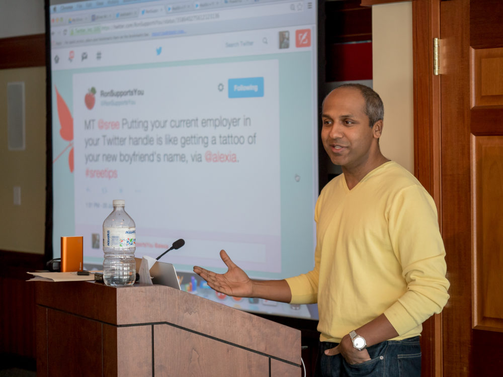 Among Sree Sreenivasan's tips for journalists on social media: Don't use your employer's name in your Twitter handle