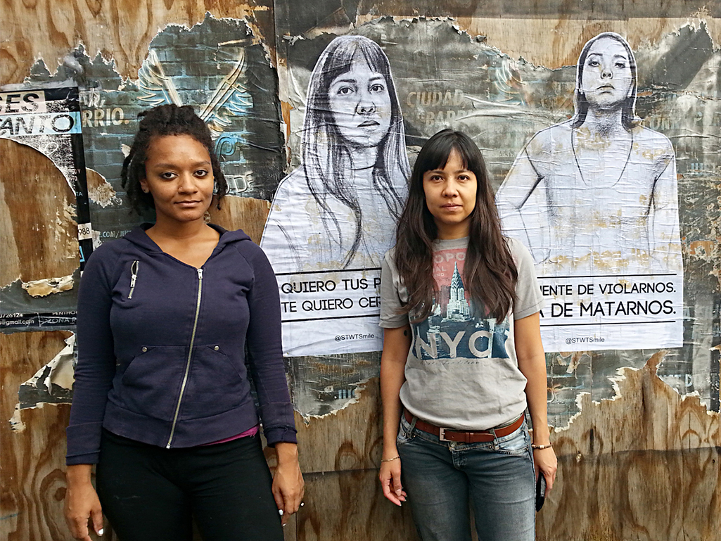 Artist Tatyana Fazlalizadeh, left, in Mexico City with project participant Yucari Millán