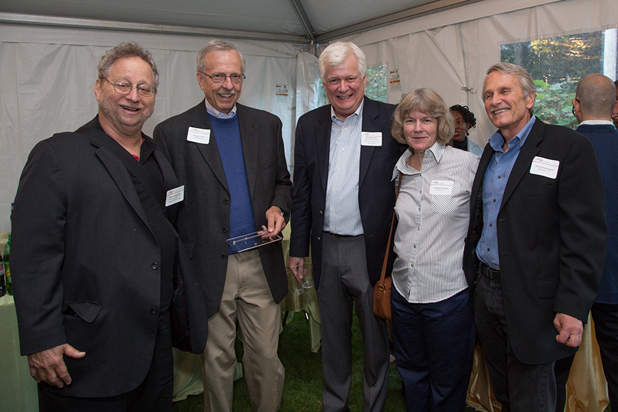 1978 Nieman Fellow Danny Schechter, left, with George Lewis (affiliate ’78), Bill Wheatley (’77), Carolyn Wheatley, Glenn Drosendahl (affiliate ’77) at Nieman’s 75th anniversary in 2013