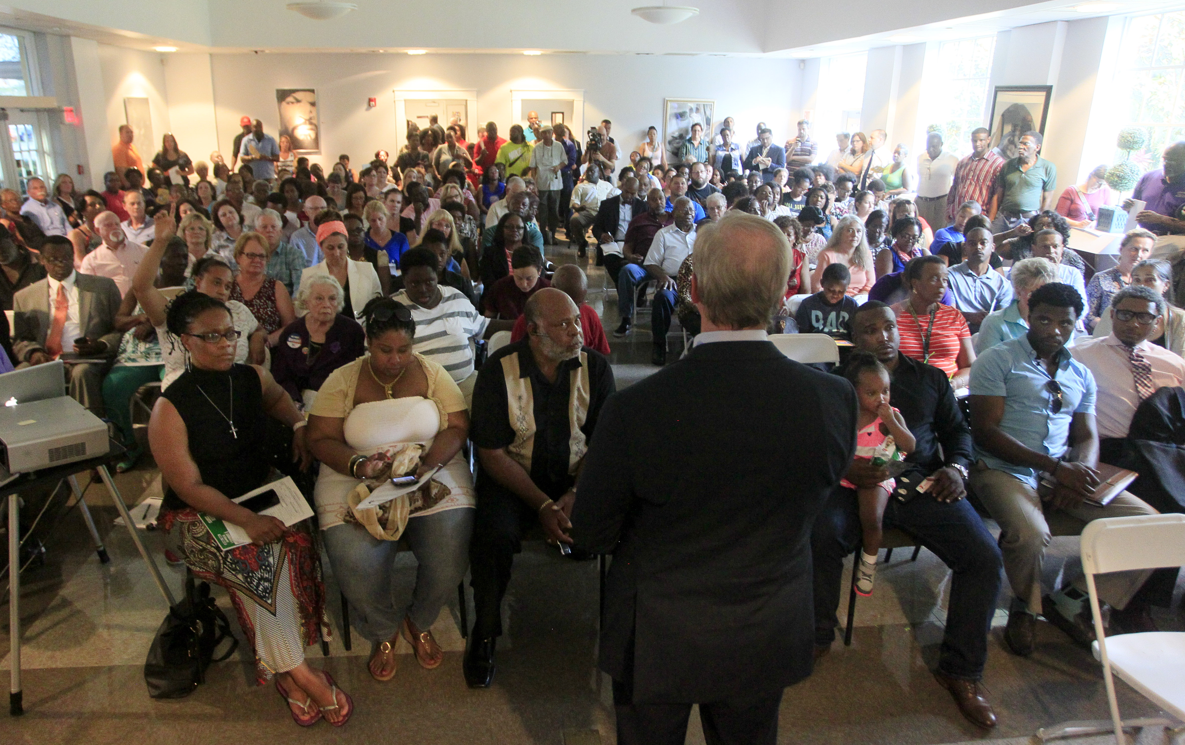 People attend a meeting called by the Pinellas
County school district in Florida in response to the Tampa Bay Times
series "Failure Factories."