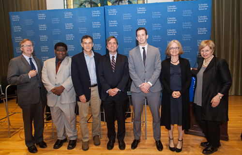 From left, Steve Coll, dean of the Columbia Graduate School of Journalism; 2017 Lukas Prize Project winners Gary Younge, Tyler Anbinder and Christopher Leonard; finalists Zachary Roth and Helen Thorpe; and Nieman curator Ann Marie Lipinski