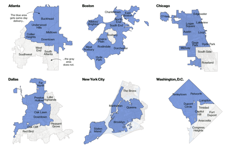 City maps with shaded areas showing Amazon’s same-day service area and islands of blank space—zip codes of predominantly minority neighborhoods—where it didn’t deliver prior to "Amazon Doesn’t Consider the Race of Its Customers. Should It?"