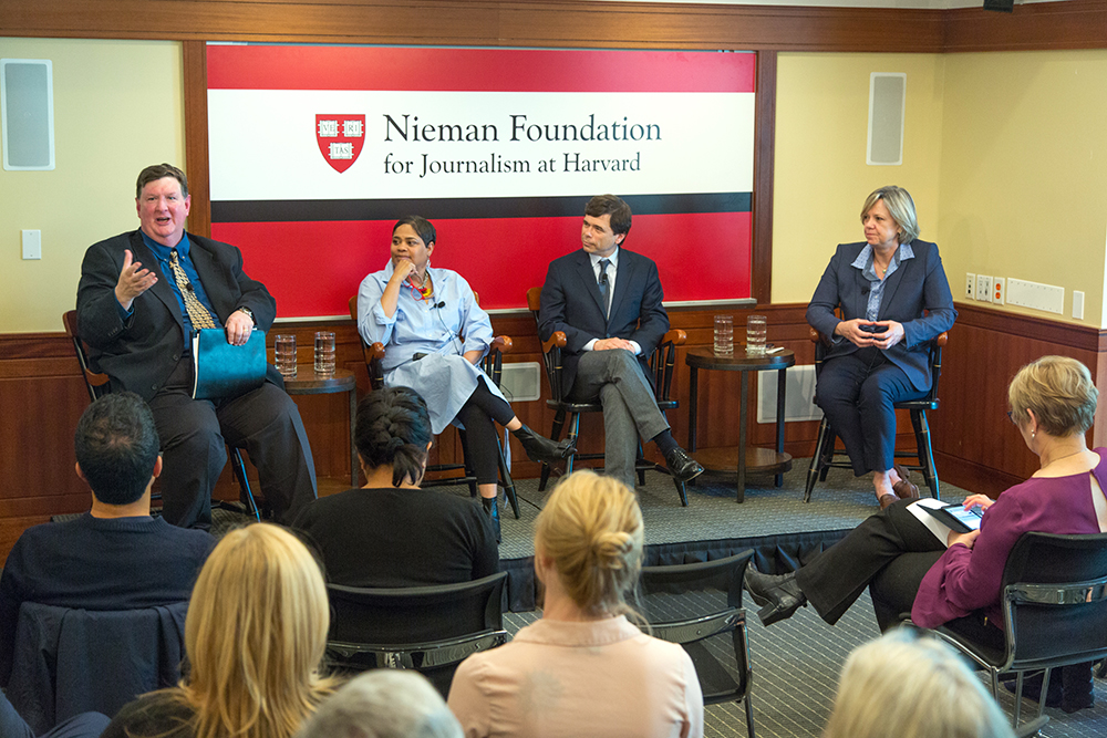 The 50th anniversary of the Worth Bingham Prize included a panel of past and present winners. From left, Michael J. Berens, Audra D.S. Burch, Michael Rezendes and Dana Priest