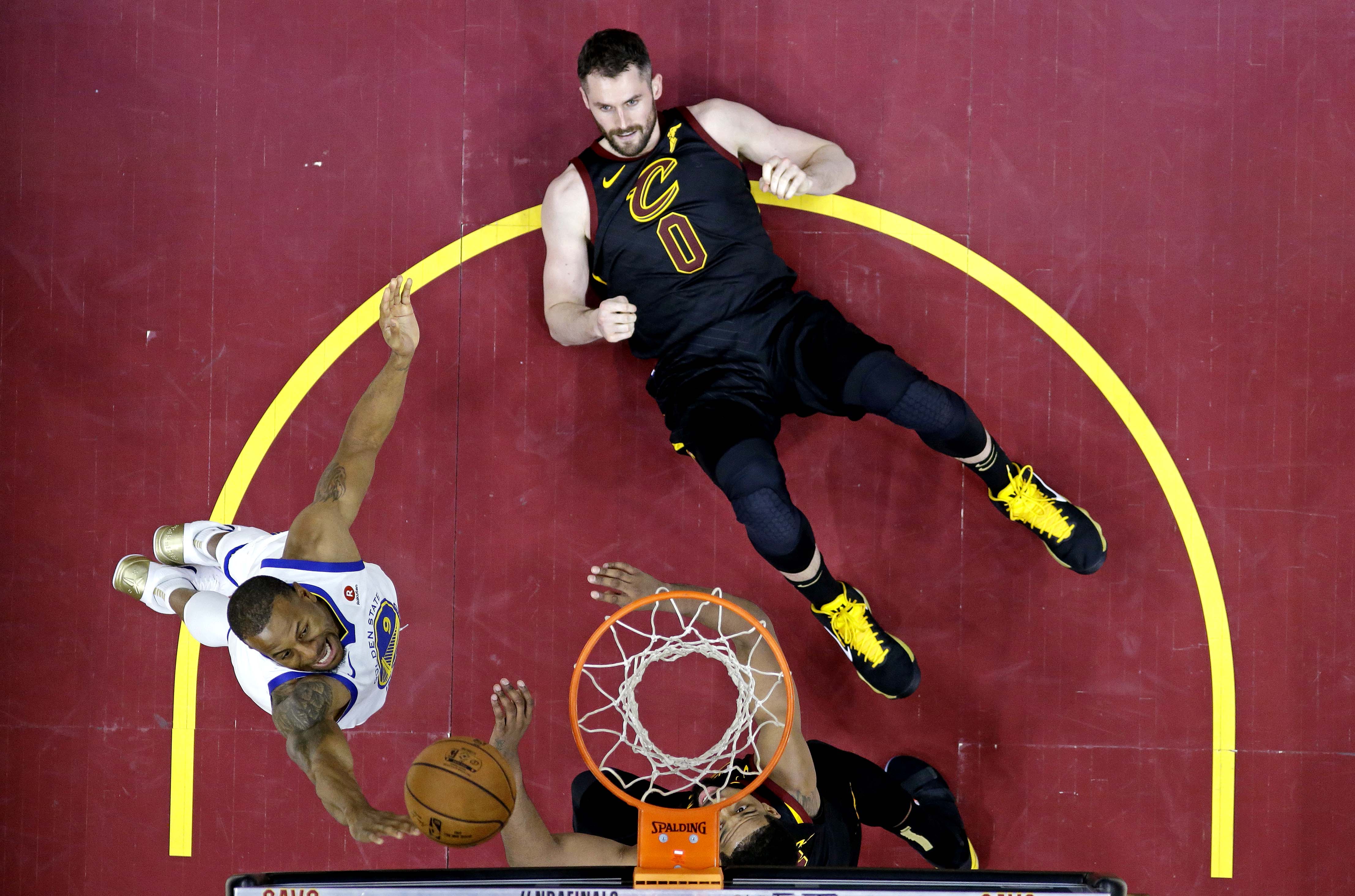 Cleveland Cavaliers center Kevin Love (on ground)—who wrote a story for The Players' Tribune revealing that, during a game, he had had a panic attack—during the fourth quarter in game three of the 2018 NBA Finals at Quicken Loans Arena