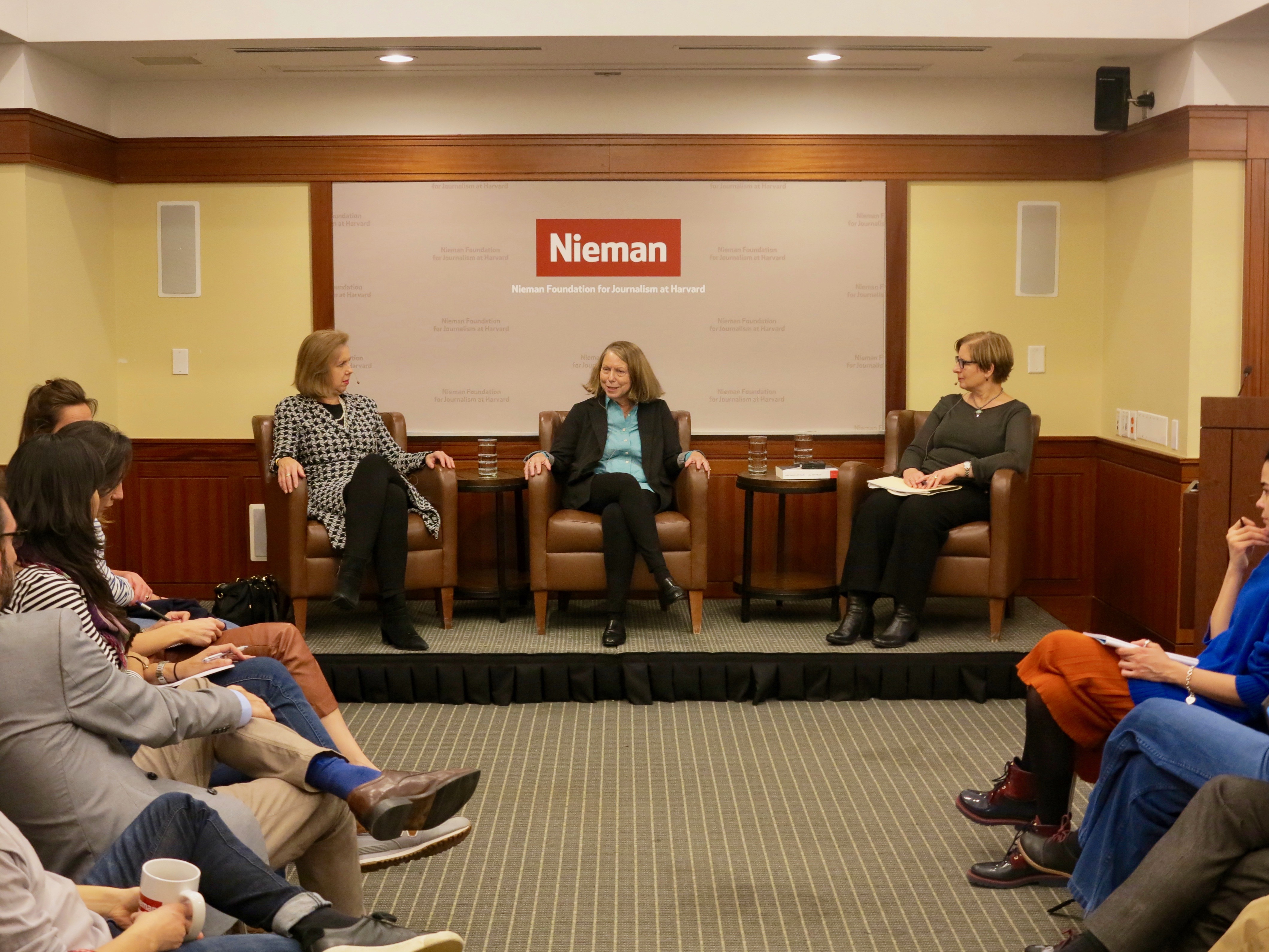 Nancy Gibbs (left) and Jill Abramson (center), former editors at Time magazine and The New York Times, respectively, speak with Nieman curator Ann Marie Lipinski during a visit to the Nieman Foundation