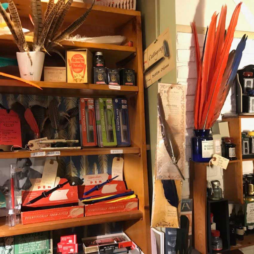 A display of analog storytelling tools in Pippi's Pen Shoppe in York, Pennsylvania