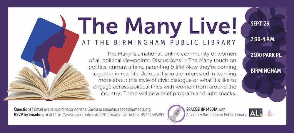 An ad for Spaceship Media's live The Many event at the Birmingham Public Library