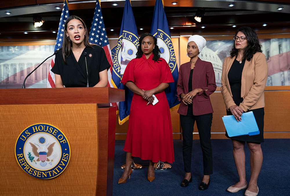 From left, Rep. Alexandria Ocasio-Cortez, D-N.Y., Rep. Ayanna Pressley, D-Mass., Rep. Ilhan Omar, D-Minn., and Rep. Rashida Tlaib, D-Mich., at a news conference at the Capitol on July 15, 2019, responding to remarks by President Trump after his call for the four Democratic congresswomen to "go back" to their countries. All four congresswomen are American citizens and three of the four were born in the U.S.
