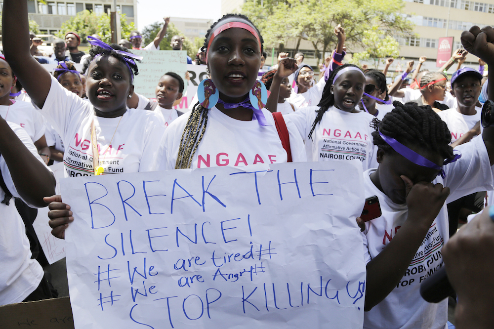 Kenyan women protest gender violence during a march to mark International Women's Day in Nairobi, Kenya on March 8, 2019