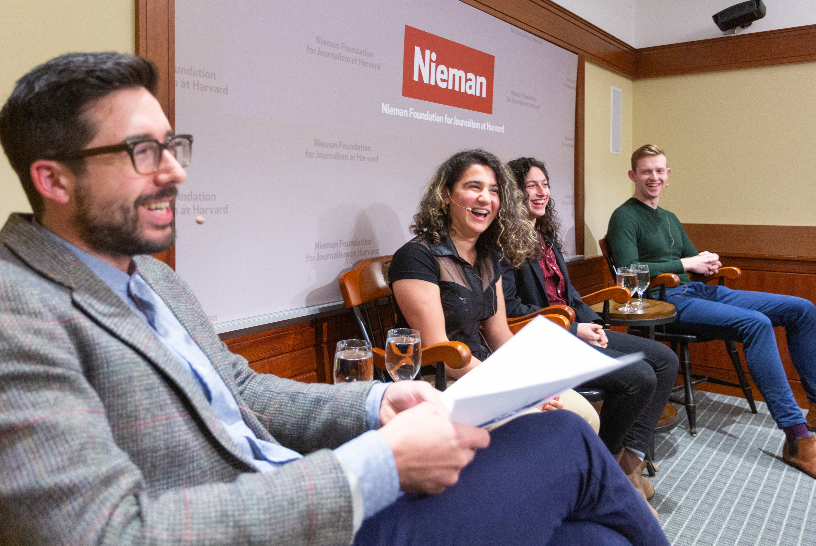 Moderator Aleszu Bajak (left) leads a panel with youth climate activists Saya Ameli Hajebi, Amalia Hochman and James Healy during Nieman's 2019 Covering Climate Change conference
