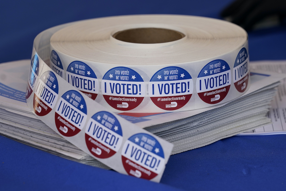 "I voted" stickers in English, Spanish, and Creole are available at an official ballot drop box location for vote-by-mail ballots  at the Miami-Dade County Elections Department in Florida