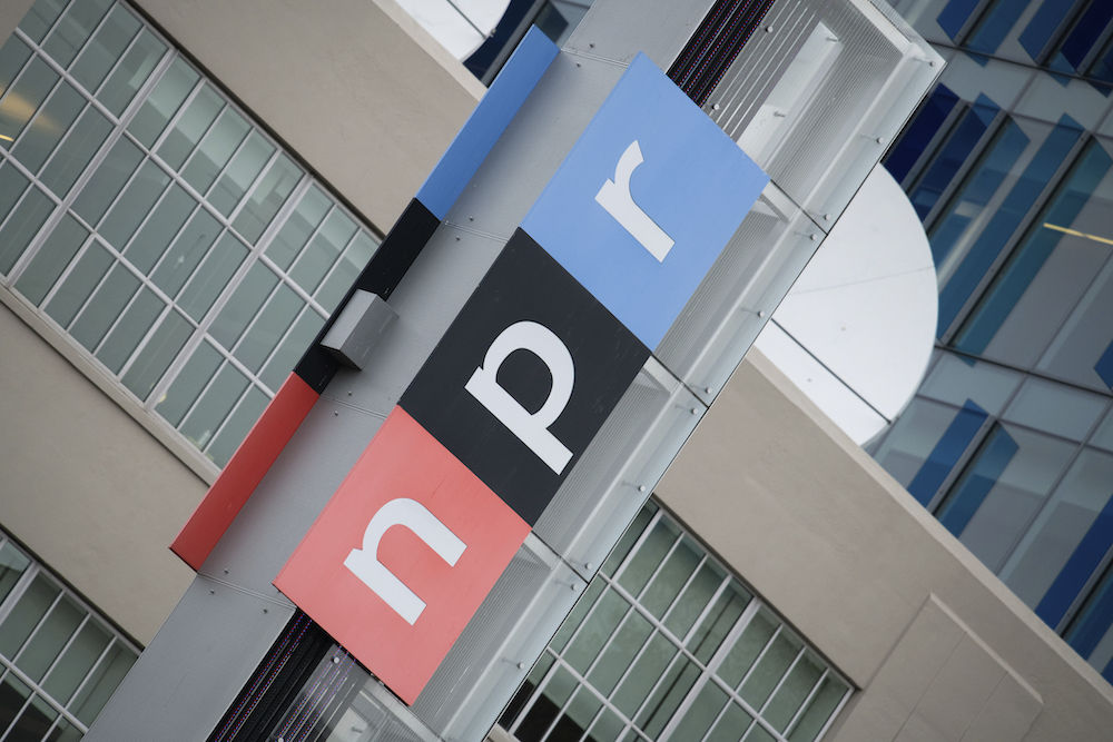 A general view of the National Public Radio (NPR) logo as seen at their headquarters in Washington, D.C.