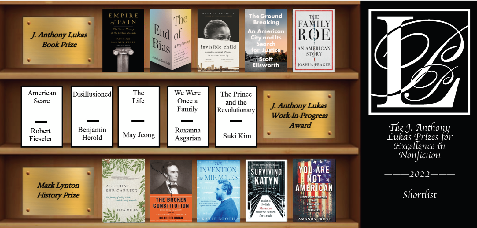 A bookshelf graphic showing covers of the books selected for the 2022 Lukas Prizes shortlists