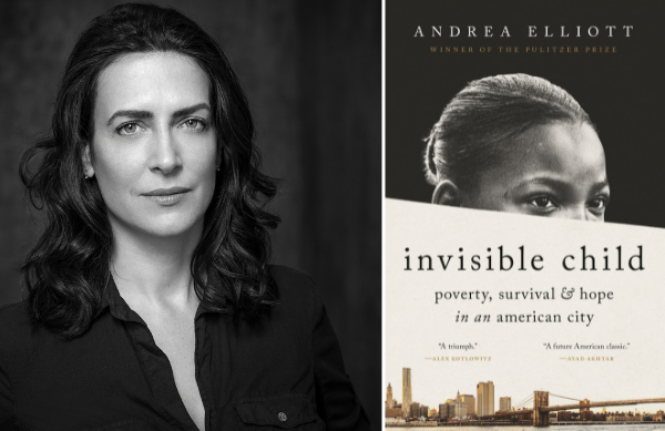 Head shot of author Andrea Elliott and the cover of her book "Invisible Child"