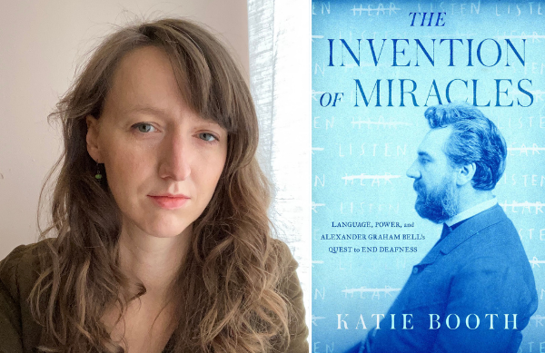 Head shot of author Katie Booth and the cover of her book "The Invention of Miracles"