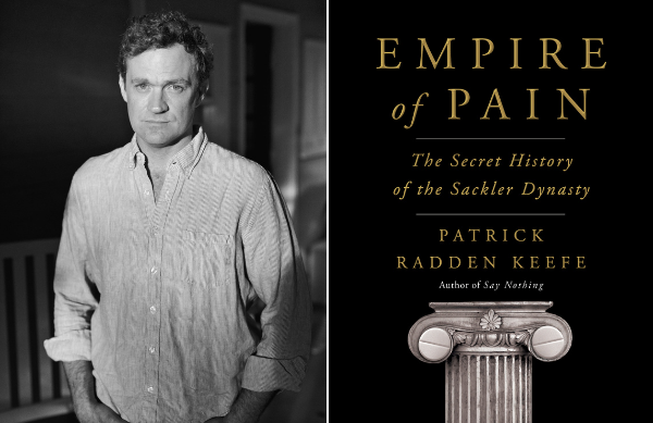 Head shot of author Patrick Radden Keefe and the cover of his book "Empire of Pain"
