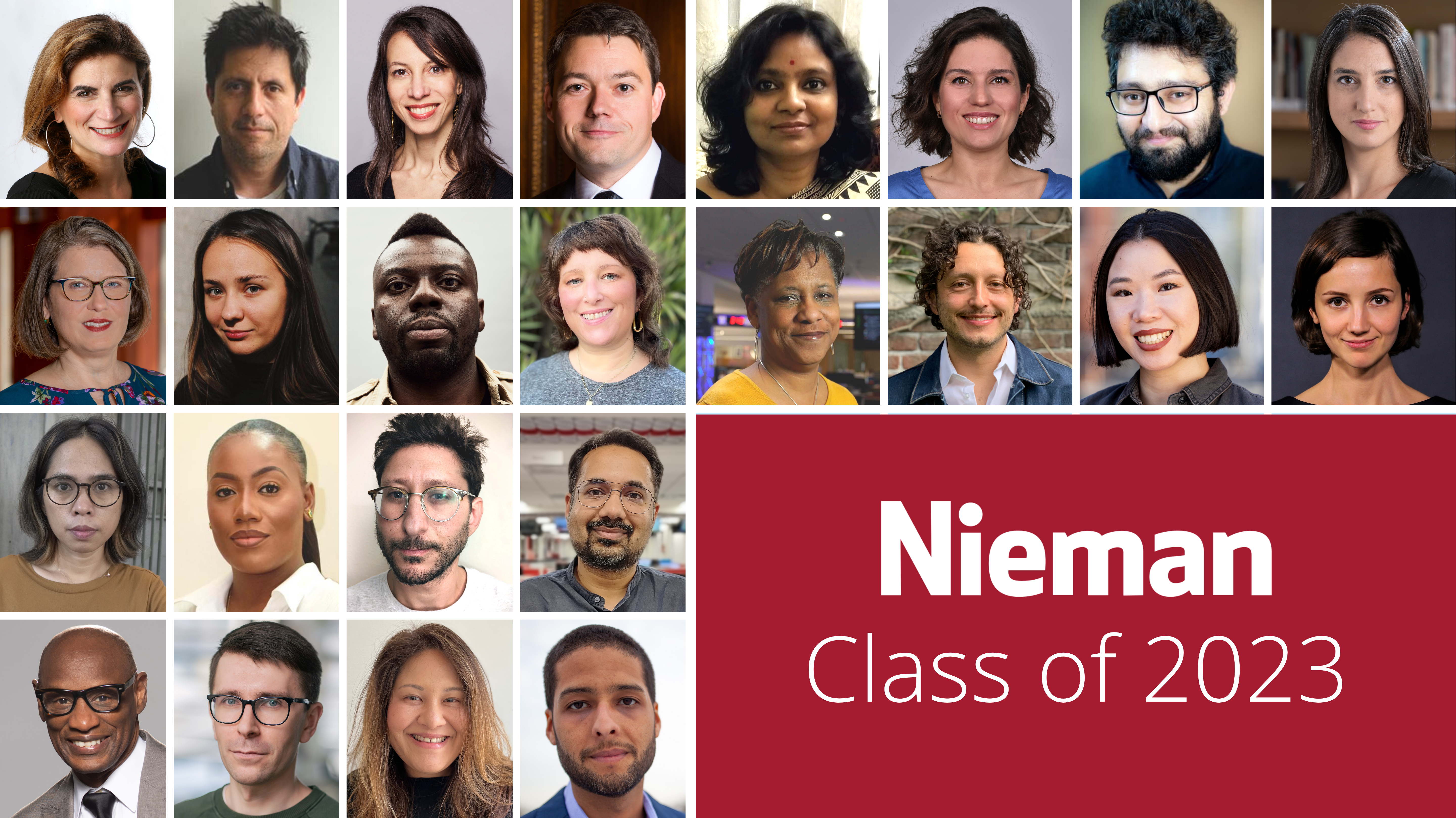 Photo grid of the 2023 Nieman Fellows at Harvard