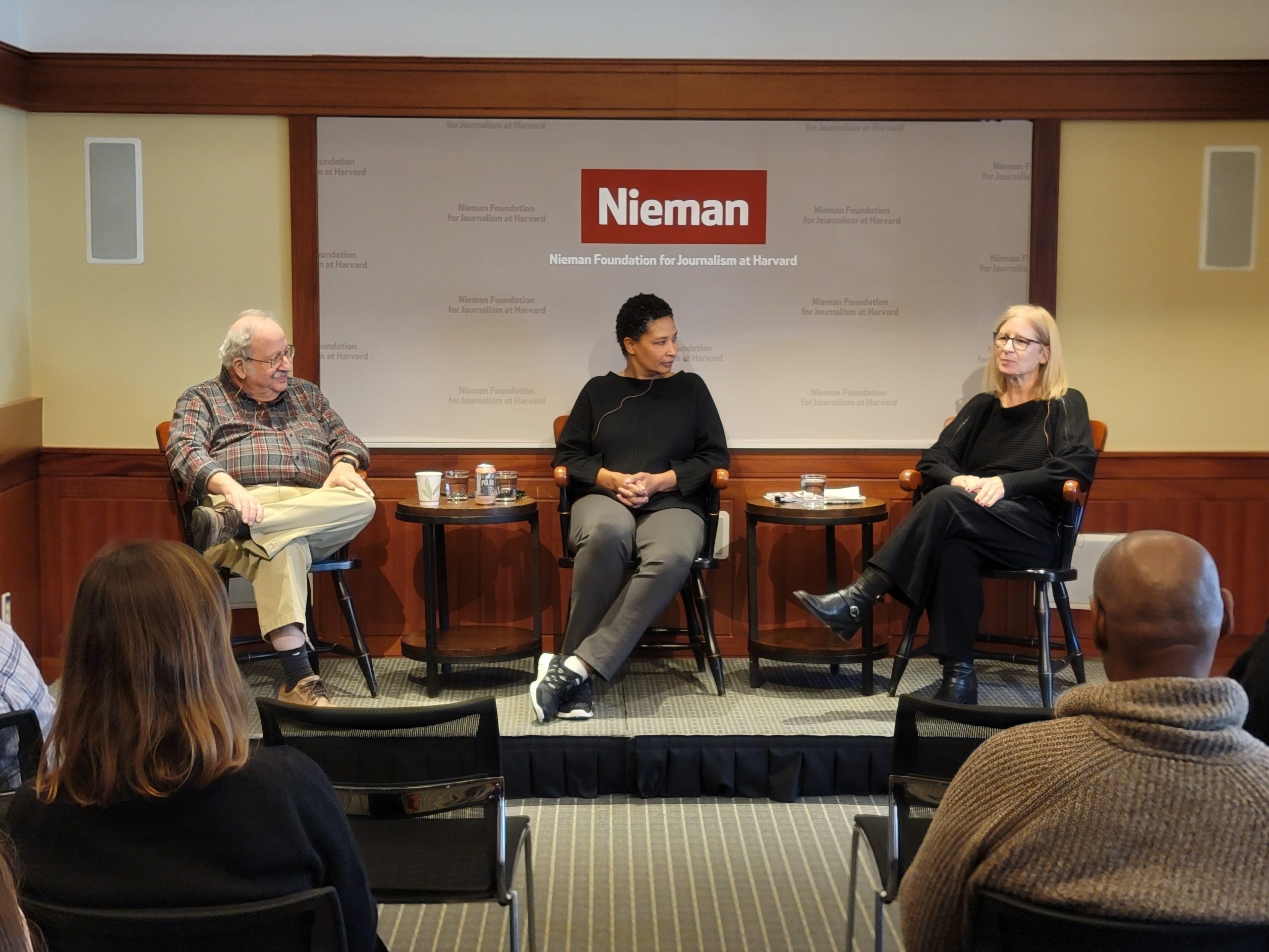 Marshall Ganz and Danielle Allen speak with Nieman curator Ann Marie Lipinski and the 2023 Nieman Fellows on Dec. 2, 2022.