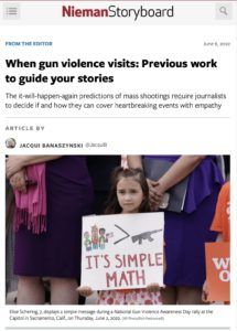 Screen shot of the Nieman Storyboard article: "When gun violence visits: Previous work to guide your stories"