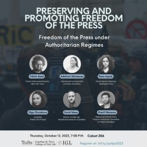 Poster for Tufts panel on Freedom of the Press under Authoritarian Regimes with 2023 Nieman Fellows