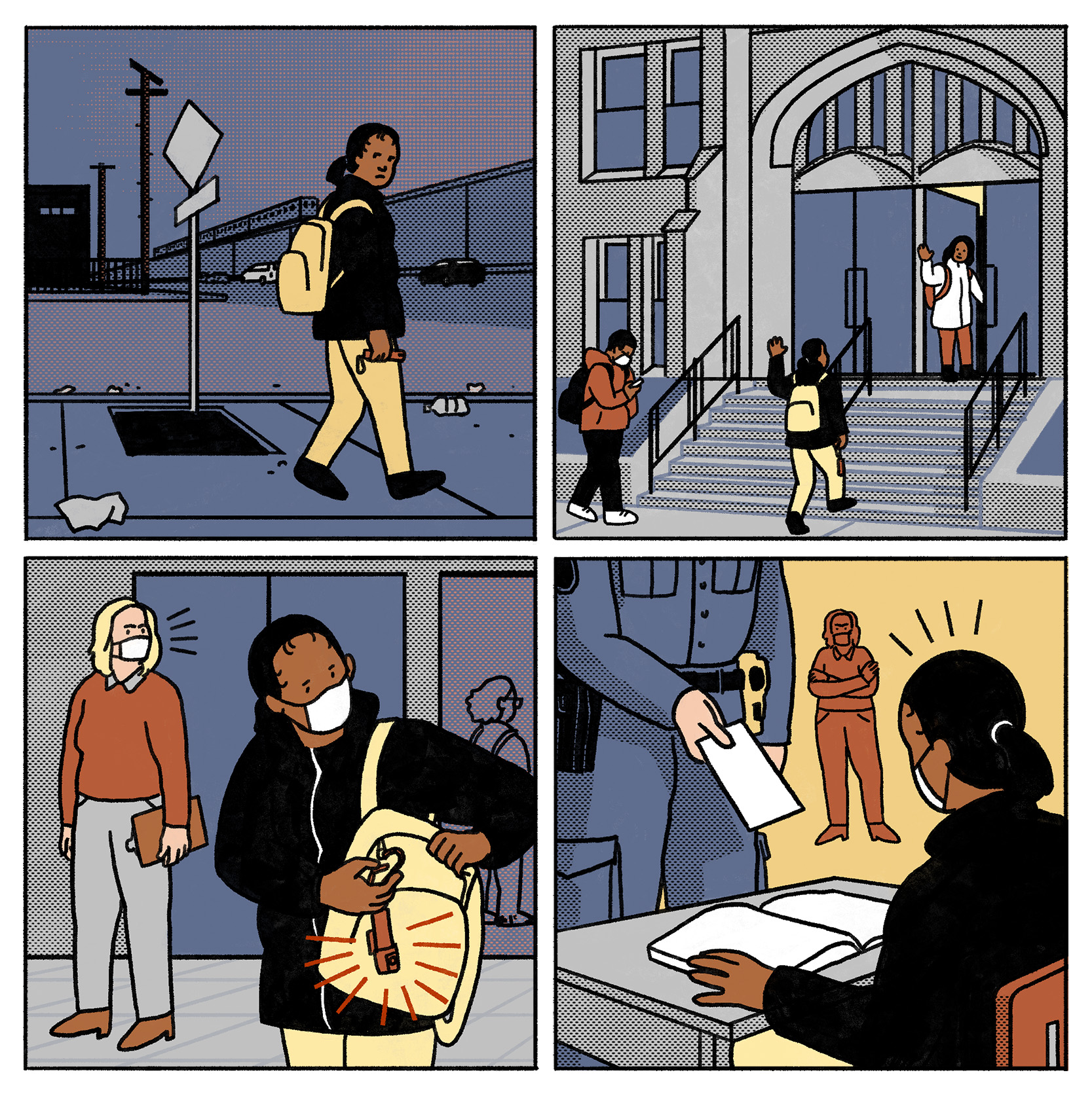 A four-panel cartoon showing a girl entering a school with a vape pen who is then issued a ticket by a police officer