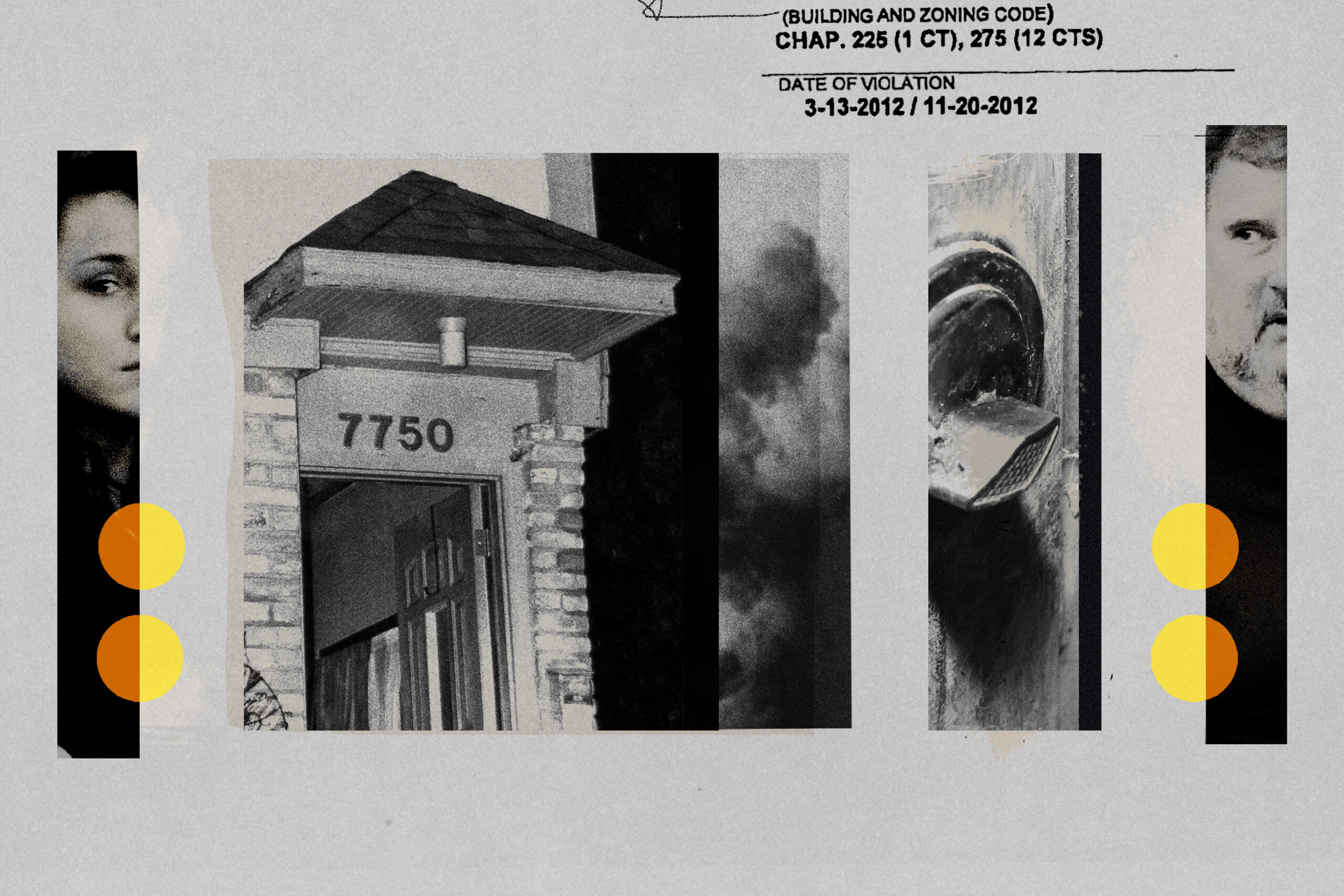 A graphic shows a mix of images including a woman's face, a man's face, a doorway, smoke and a door lock. The montage is the main art used for the report "The Landlord and the Tenant" by the Milwaukee Journal Sentinel and ProPublica