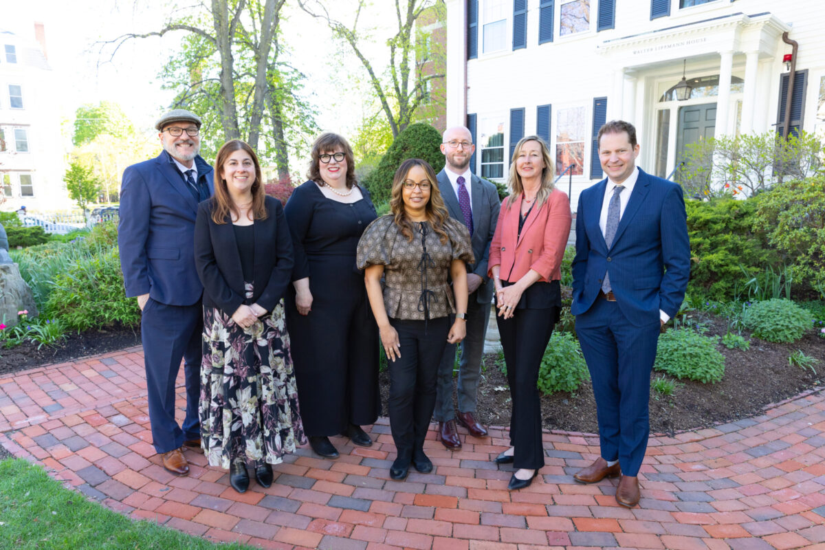 Winners and finalists of three of the Nieman Foundation's 2023 journalism awards stand outside Lippmann House at Harvard University