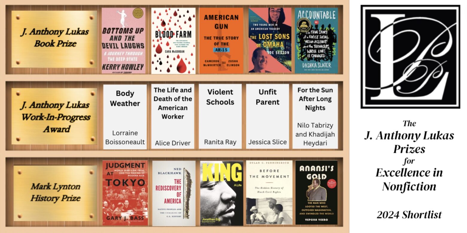 A bookshelf graphic displays books covers of the 15 books shortlisted for the 2024 J. Anthony Lukas Prizes