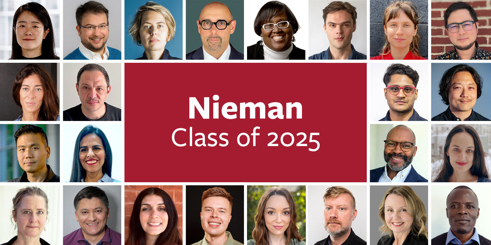 A photo grid shows the 224 journalists selected as Nieman Fellows in the class of 2025 at Harvard University
