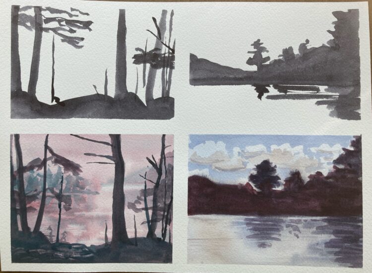 Four watercolor paintings of trees and a lake painted by science writer Jill U Adams as an assignment in a watercolor workshop led by artist Sarah Yeoman